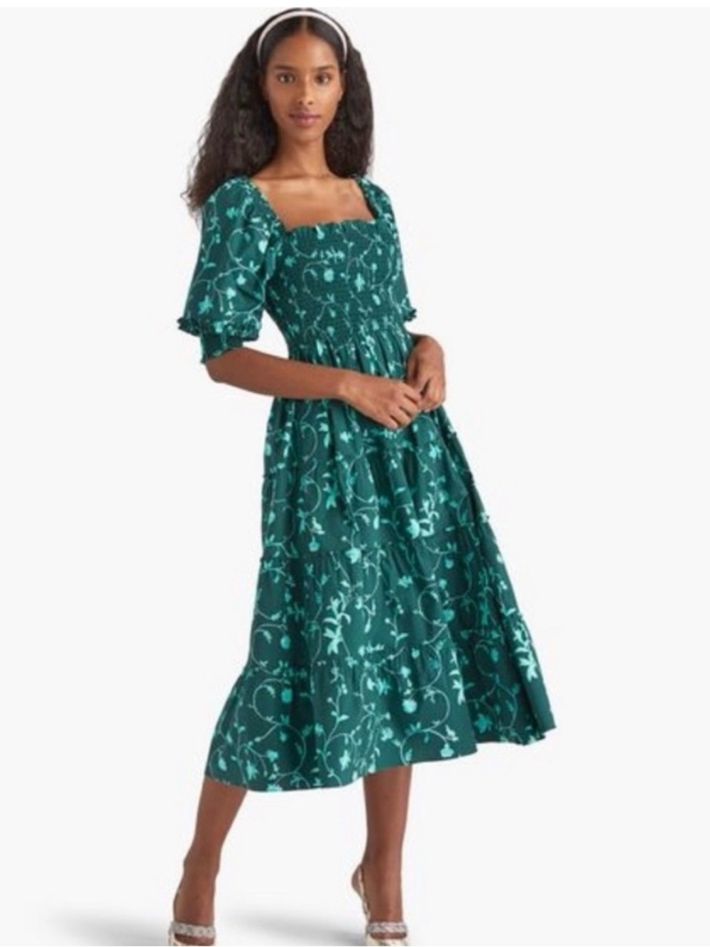 Green Floral Square-Neck Midi Dress